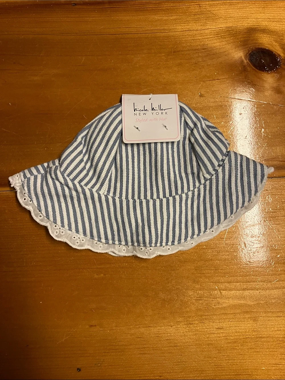 Nicole Miller White and Blue Striped Kids Sun Hat with Eyelet Trim
